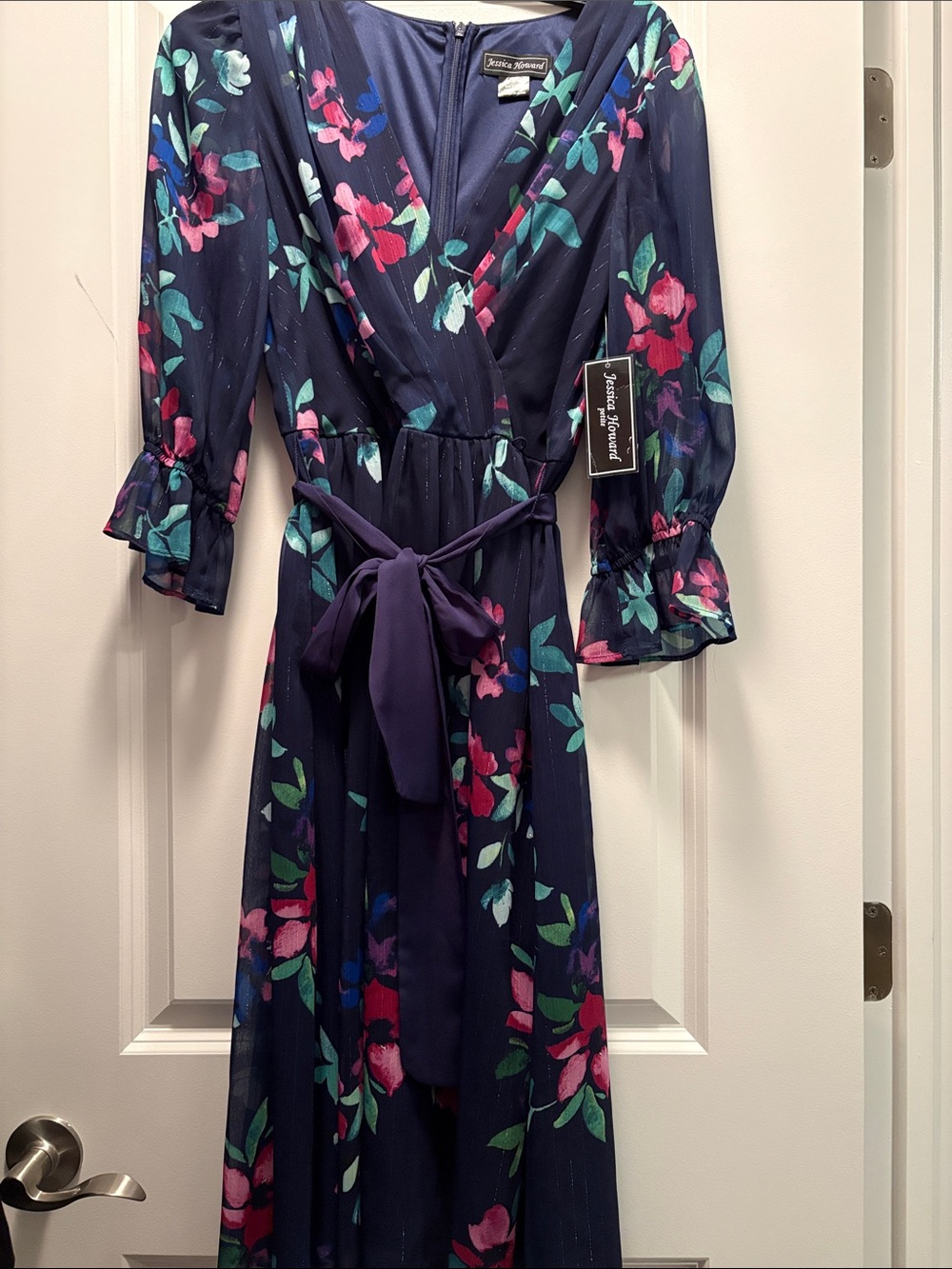 New with Tag-Jessica Howard Navy Floral Wrap Maxi Dress with Pink & Teal Accents